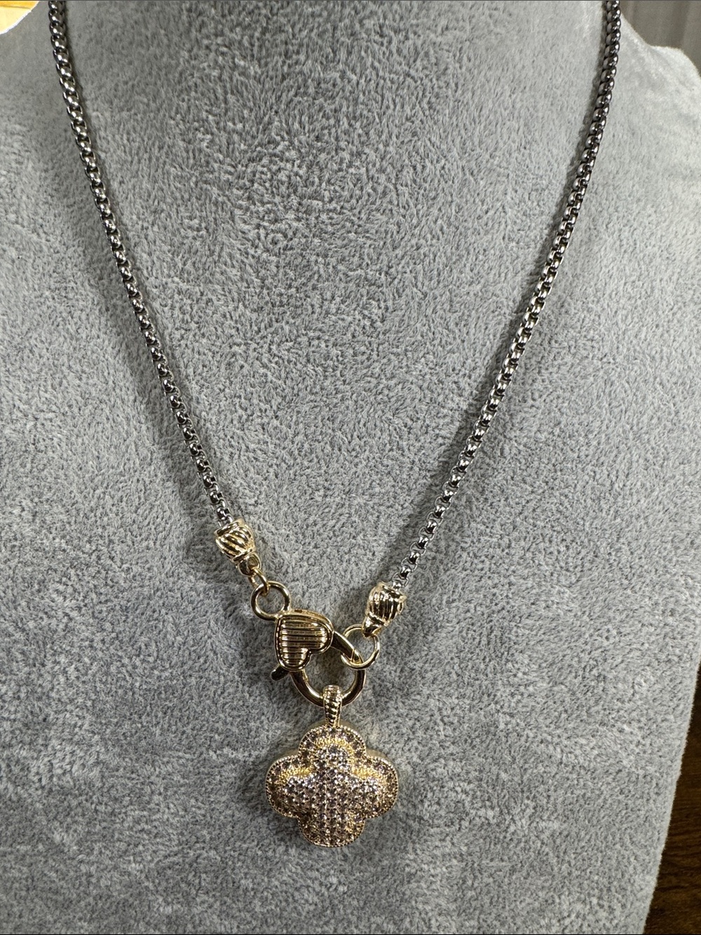 Two-Tone Gold & Silver Pave Clover Pendant Necklace - Women Jewelry